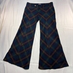 Free People Plaid Flare Pants Green Teal Purple Wide Leg Trouser Boho Size 2-70s